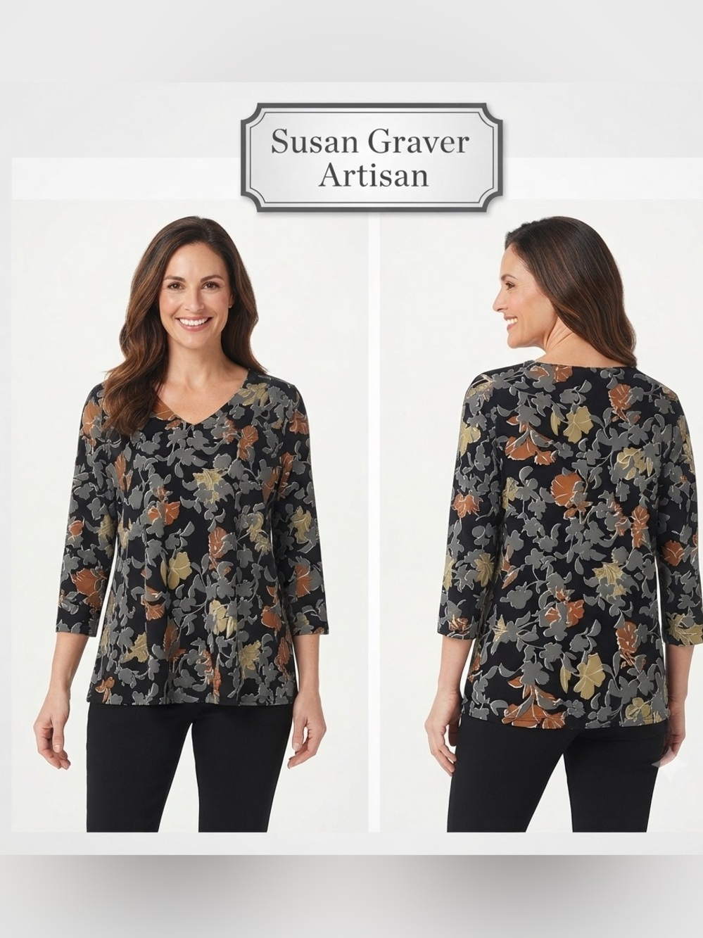 Susan Graver Artisan Floral Embellished V-neck Blouse Large